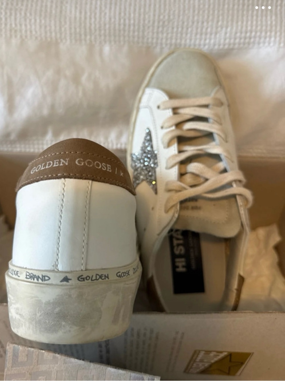 Golden Goose White Sneakers with Taupe Heel and Silver Glitter Star - Picture 2 of 4